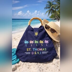 Beach Tote Bag Palm Tree Embroidered Summer Vacation Tote Wooden Handle